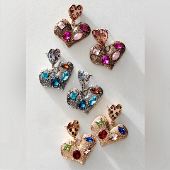 Free People My Everything Dangles Earrings Blue Gem Silver Hammered Metal Heart - Picture 7 of 9